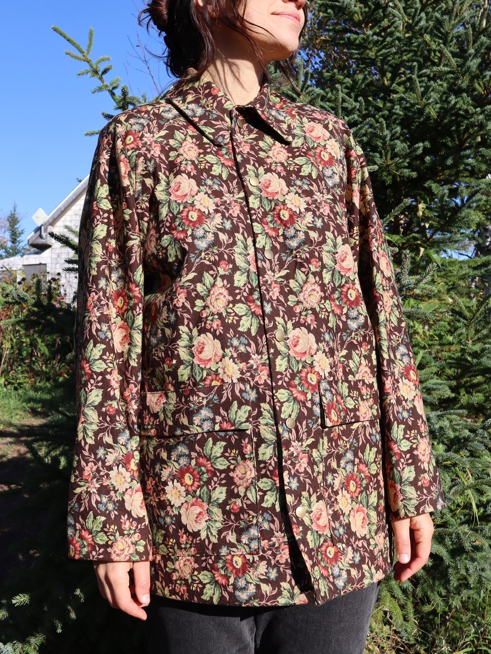 Upcycled Tapestry Chore Coat Brown Rose Floral Print Barn Jacket L • XL